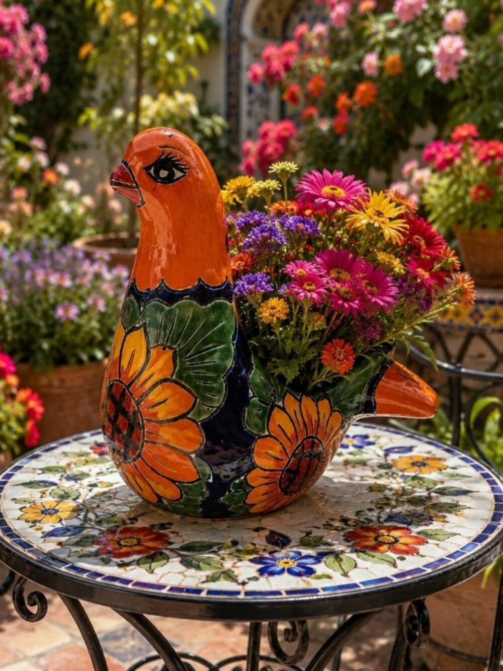 New Artisan Handmade Hand-Painted Talavera Ceramic Sunflower Bird Dove Planter